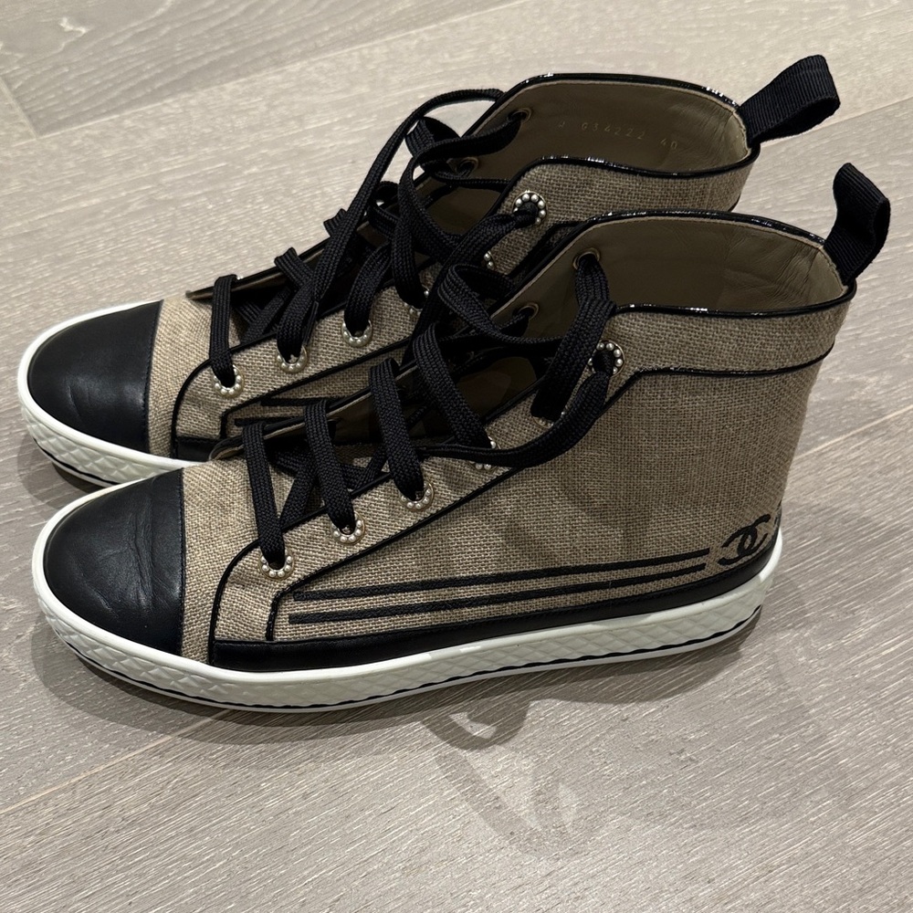 CHANEL Beige and Black Canvas High-Top Sneakers